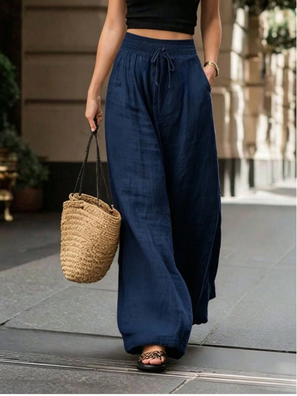 High-Waisted Wide-Leg Pants, Navy Blue